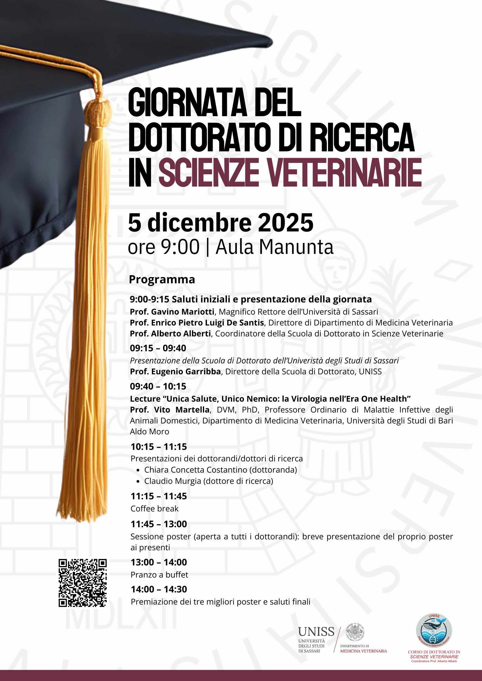 Locandina della Giornata del Dottorato di ricerca in Scienze veterinarie che si terrà il 5 dicembre 2025 nel Dipartimento di Medicina Veterinaria di Sassari