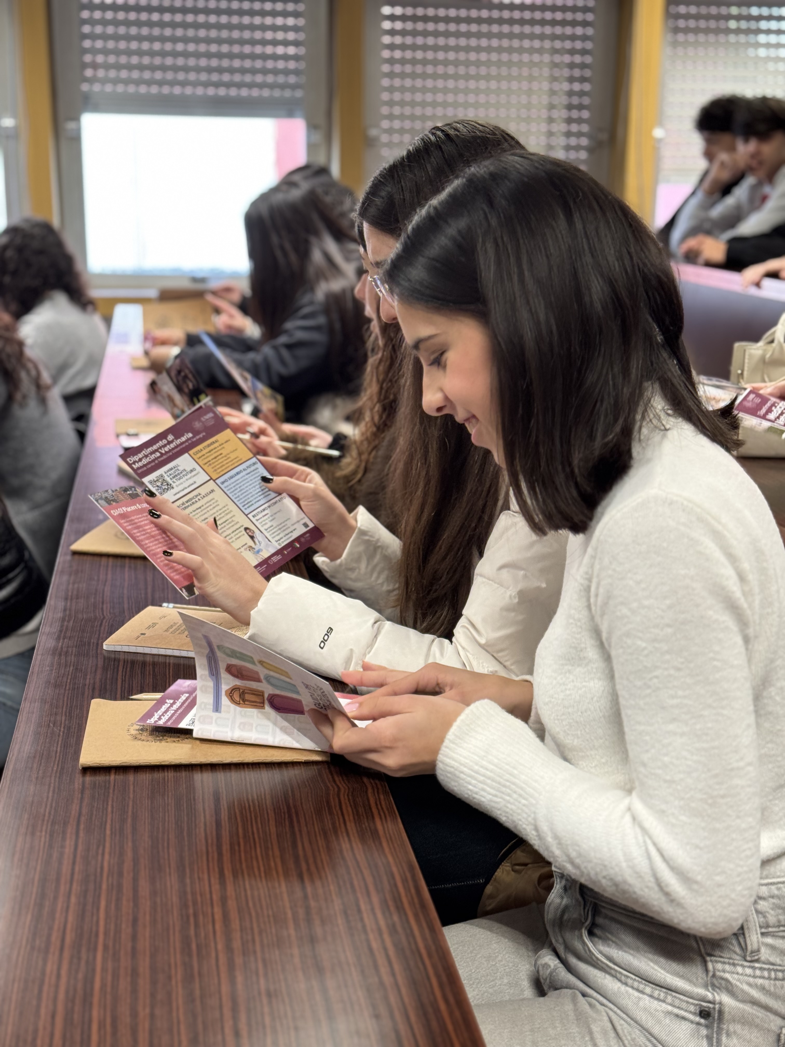 Studenti in aula universitaria sfogliano brochure del Dipartimento di Medicina Veterinaria: orientamento e scelte per il futuro.