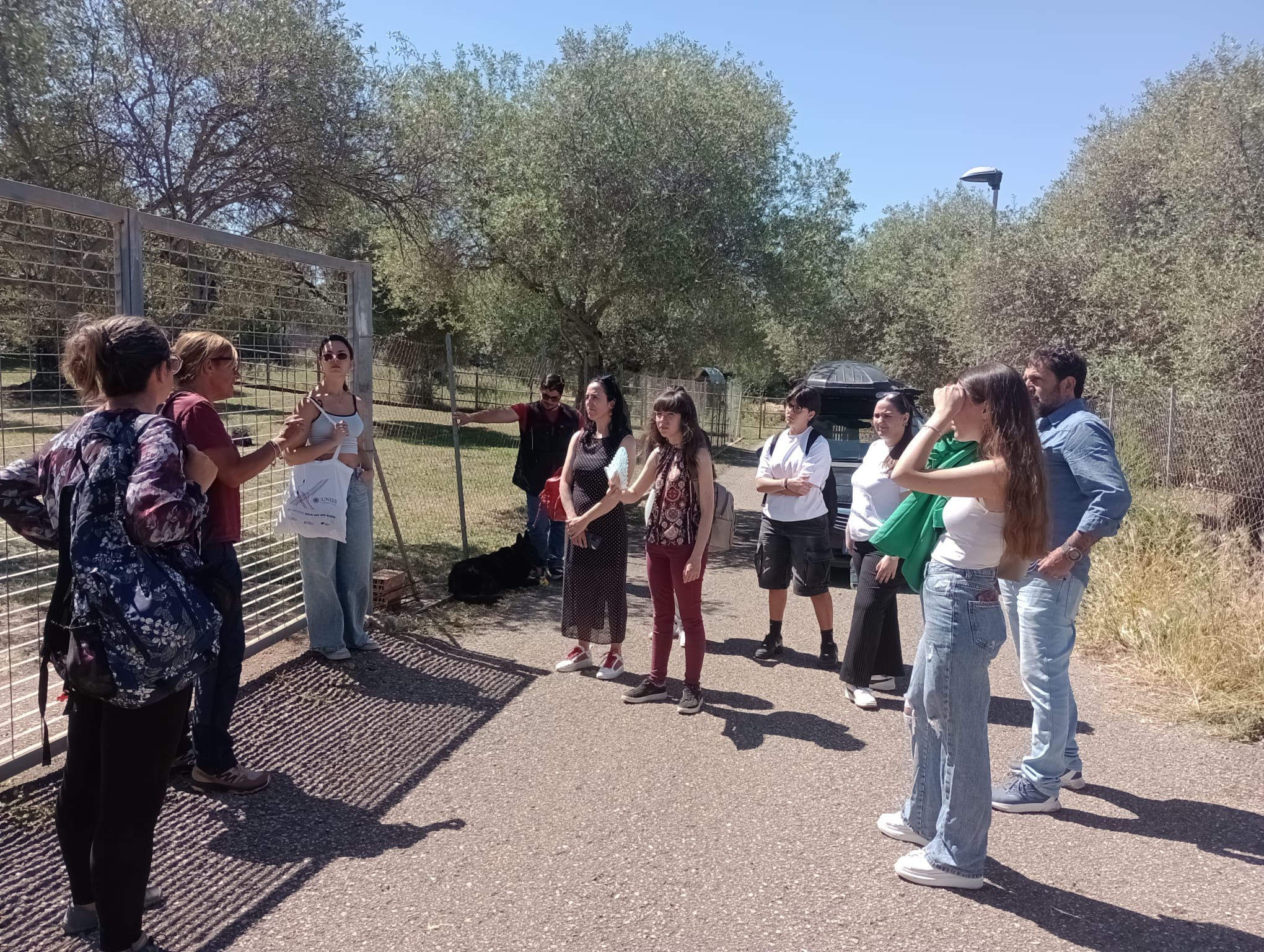 Momento della visita guidata negli spazi esterni del DMV, con studenti e studentesse in ascolto davanti alle aree dedicate agli animali.