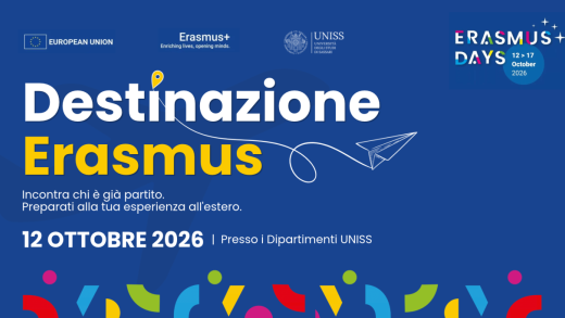 Locandina dedicata all'evento "Destinazione Erasmus" in programma il 12 ottobre all'Università di Sassari